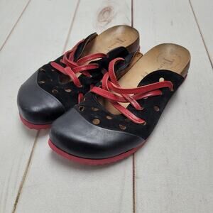 Think! Retro black red leather cork clogs slip on artsy boho Y2k